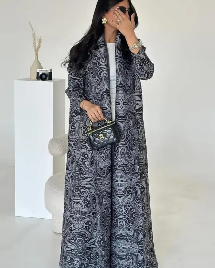 Black Marble Print Open Abaya