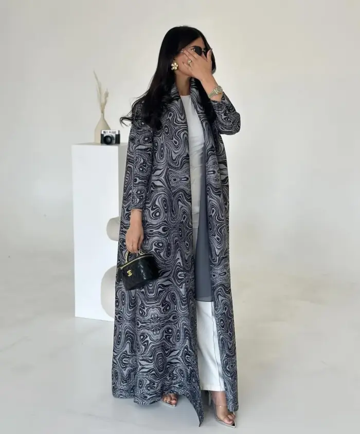 Black Marble Print Open Abaya - Image 2