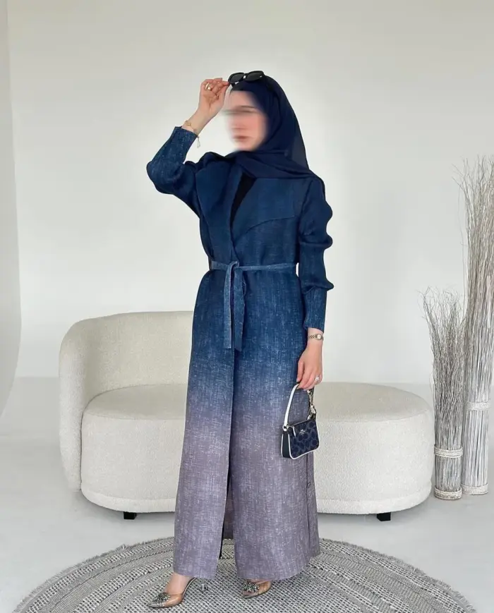 Navy Ombre Belted Abaya - Image 2